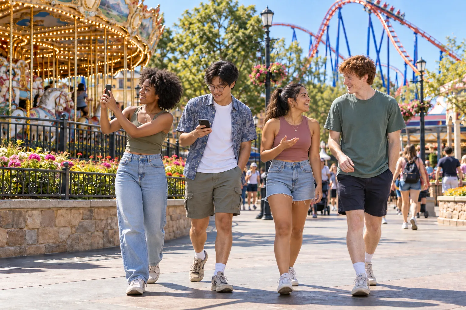 Four college-age friends walking together through a sunlit theme park, a carousel beside them and a roller coaster behind.