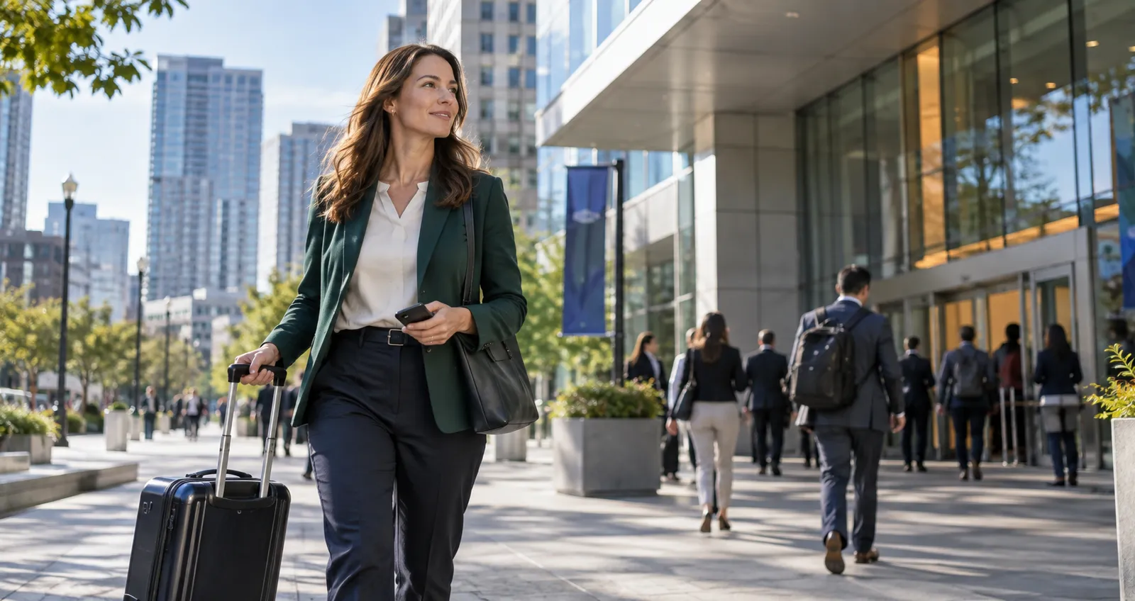 A traveler wheels a cabin case across a city plaza toward a glass conference building, with other business travelers heading for the entrance.