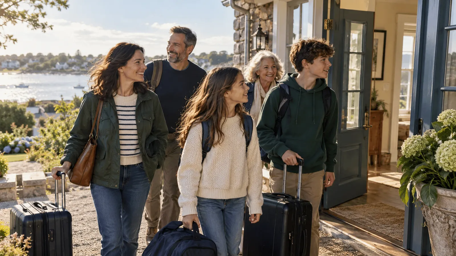 Three generations of a family walk up to a coastal holiday house with suitcases and backpacks on a bright morning.