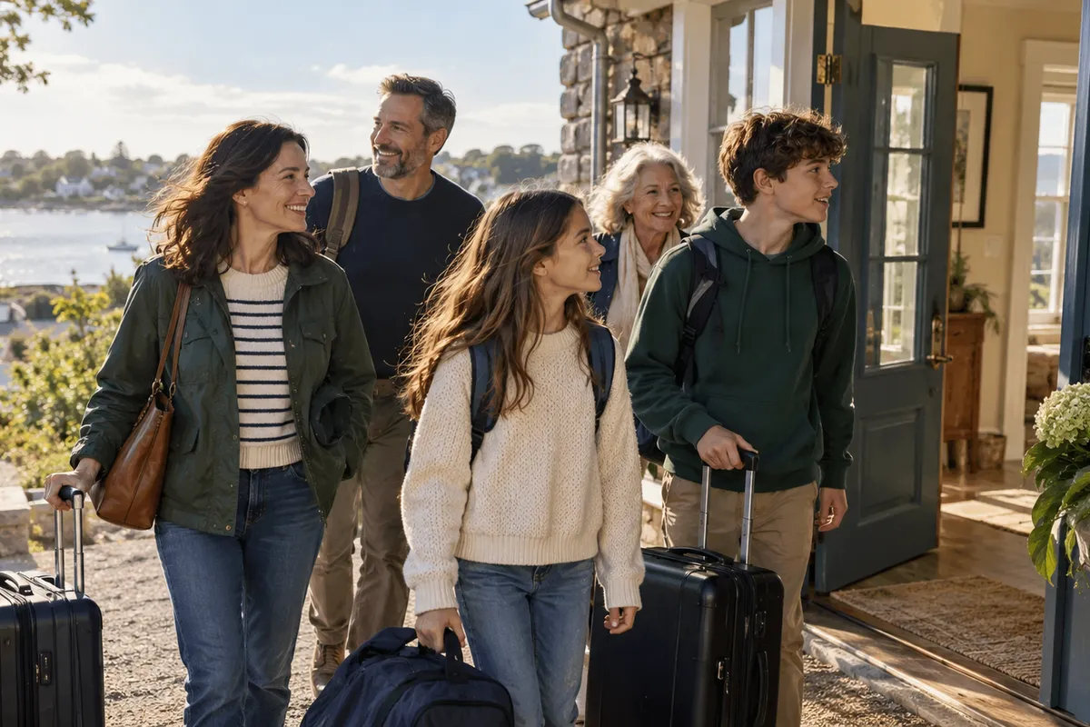 Three generations of a family arriving at a coastal holiday house with luggage.