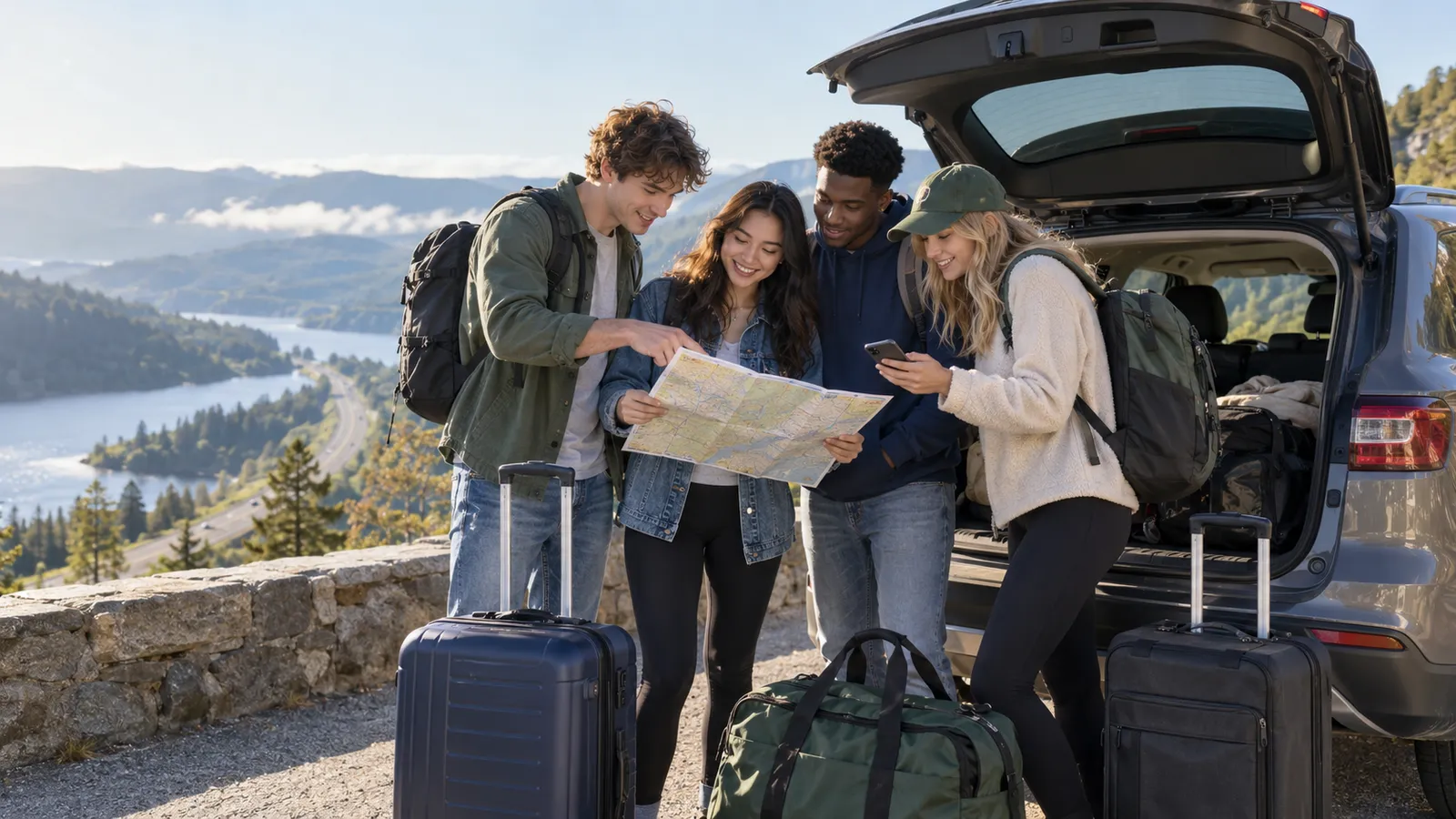 Four friends read a paper map at a scenic overlook beside a loaded car, with a river valley and highway below them.