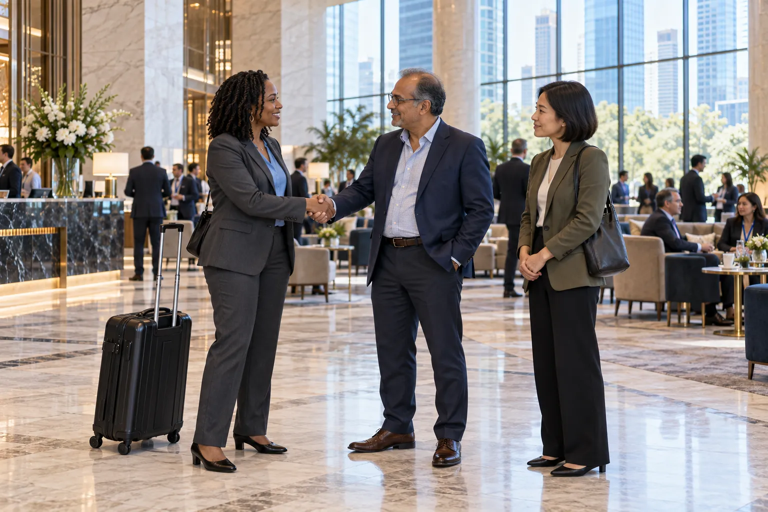 Three professionals greeting each other with a handshake in a bright marble conference lobby, one arriving with a wheeled suitcase.